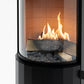Cozo FLOGS – close-up of BEV® flames surrounding the ceramic logs behind the curved tempered glass
