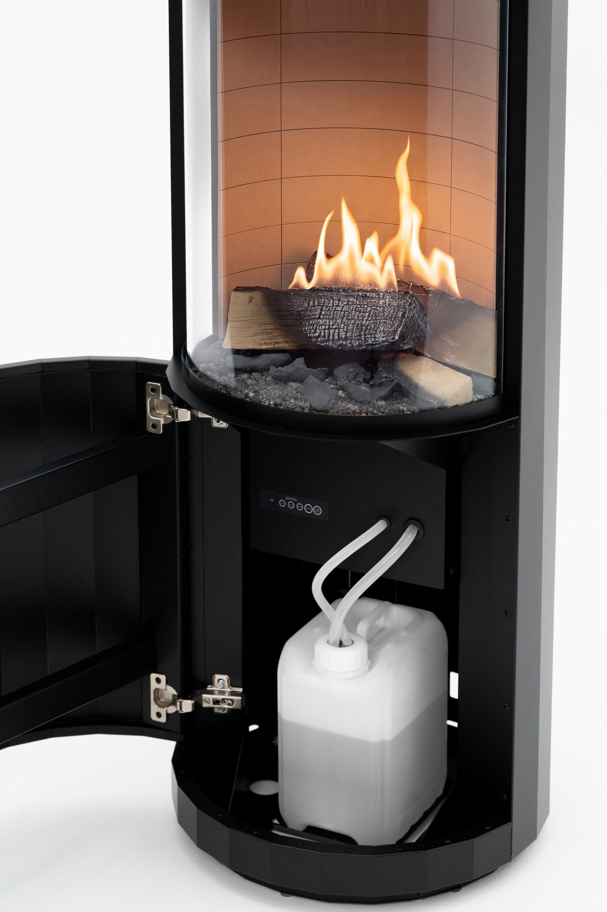 Cozo FLOGS – lower door open, showing the replaceable 5-litre fuel tank and the control panel inside the base