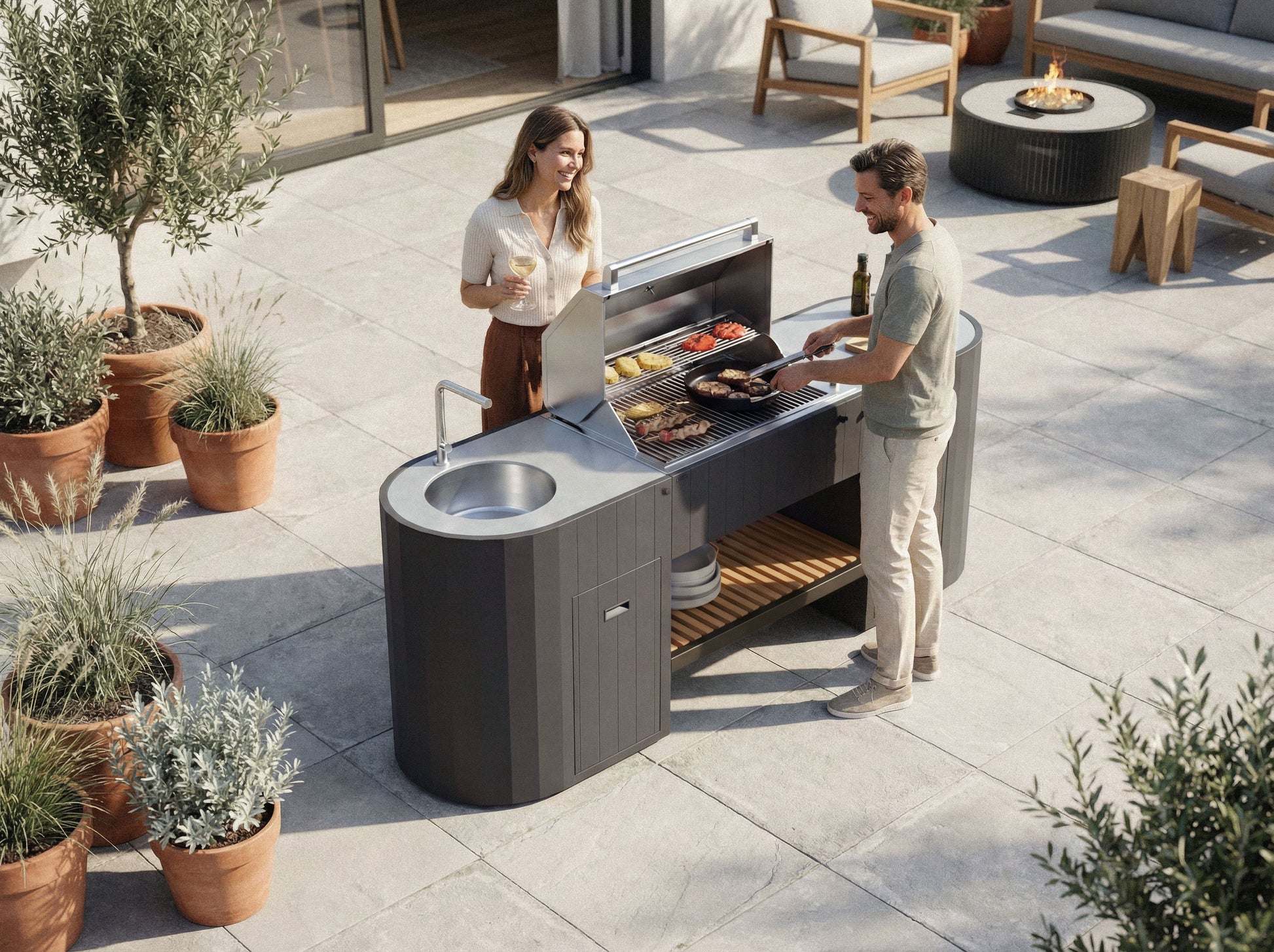 Grilling vegetables and meat on the OVO Grill 3B, top view