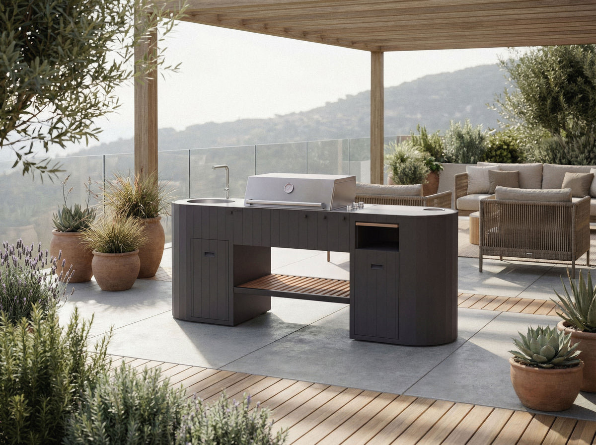 OVO GL outdoor kitchen on a rooftop terrace with lounge furniture