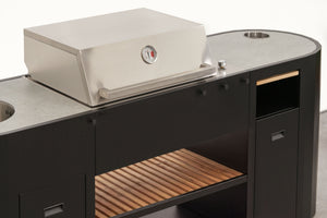 OVO GL - stainless steel gas grill module and thermopine wooden shelf, close-up