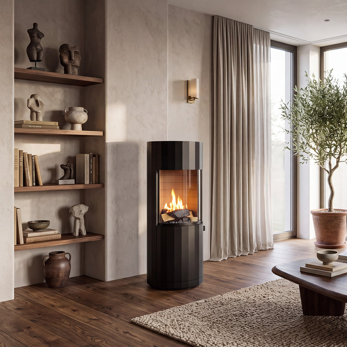 Cozo FLOGS next to a stone wall and an olive tree in a living room – interior visualisation