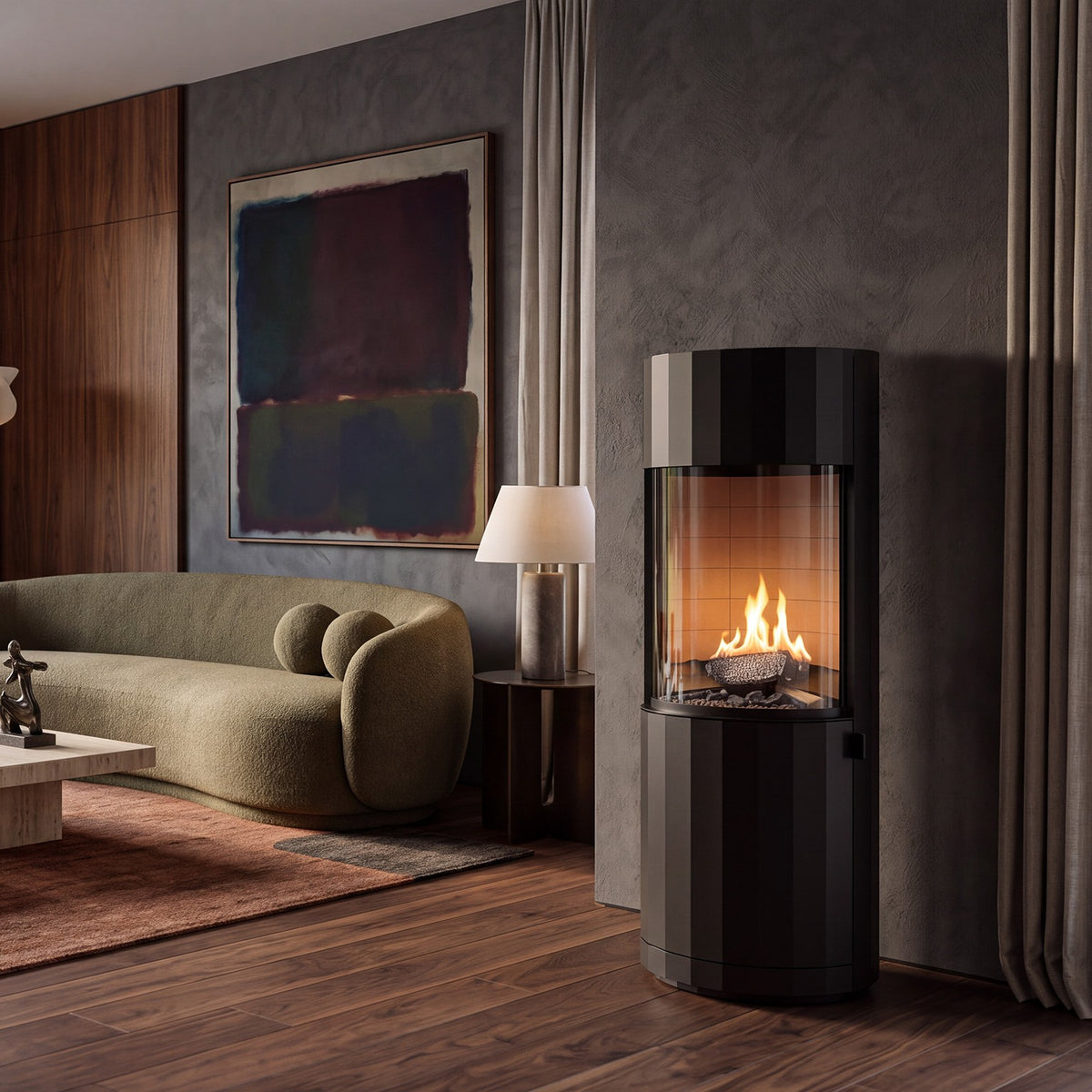 Cozo FLOGS in a living room with a dark plaster wall and garden view – interior visualisation
